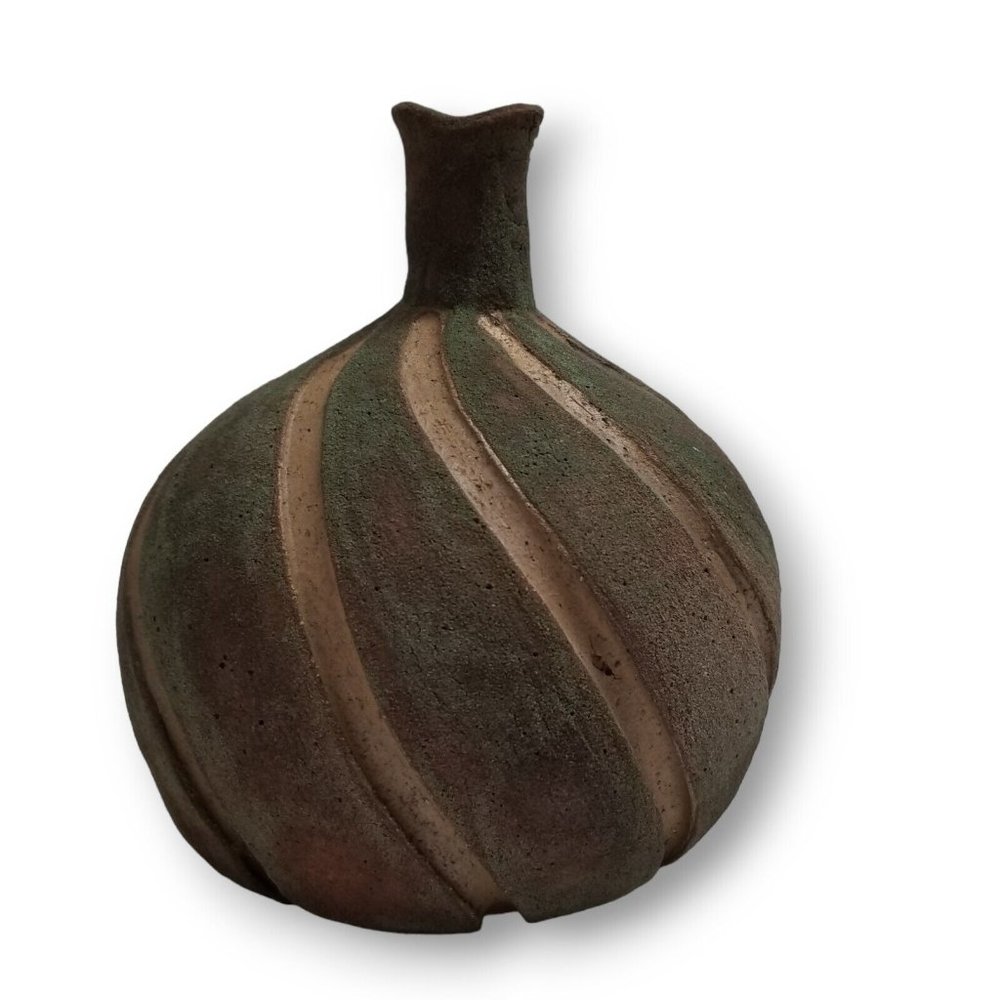Vtg Vase Coarse Earthenware Pottery Carved Swirl Stoneware Signed Junko Rough